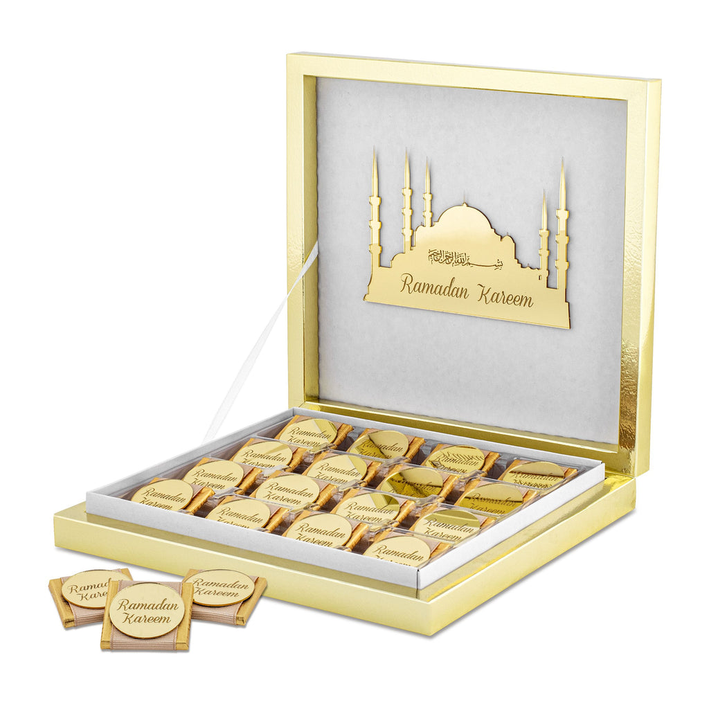 Personalisierte Ramadan Schokolade Geschenkbox – Acrylglas Gravur mit Moschee-Design - Halal Pralinen