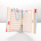 Perlen-Tasbih / Gebetskette & Koran im Organzasäckchen – Blau für Jungen, Plexiglas mit Personalisierung