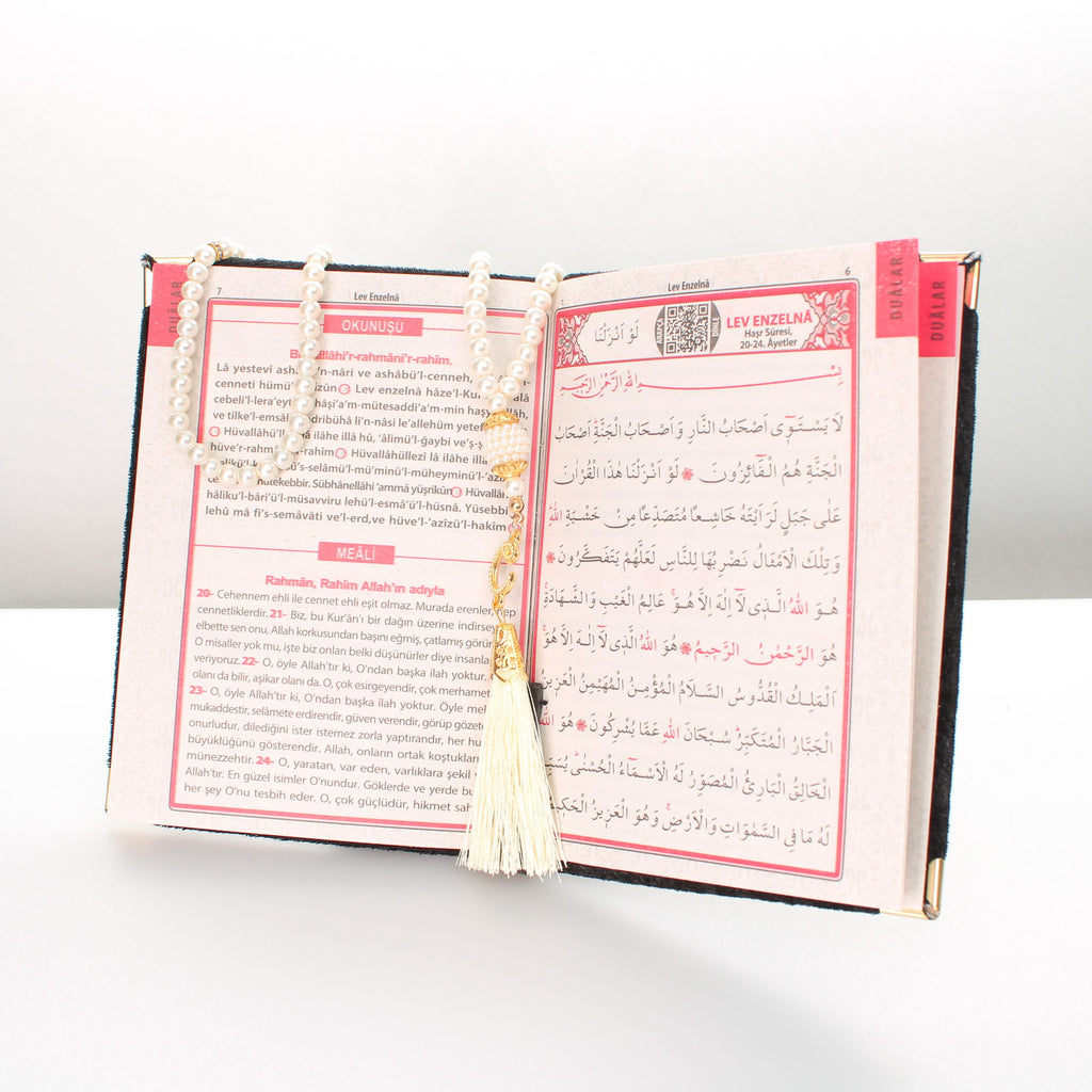 Perlen-Tasbih / Gebetskette & Koran im Organzasäckchen mit personalisierter Gravur