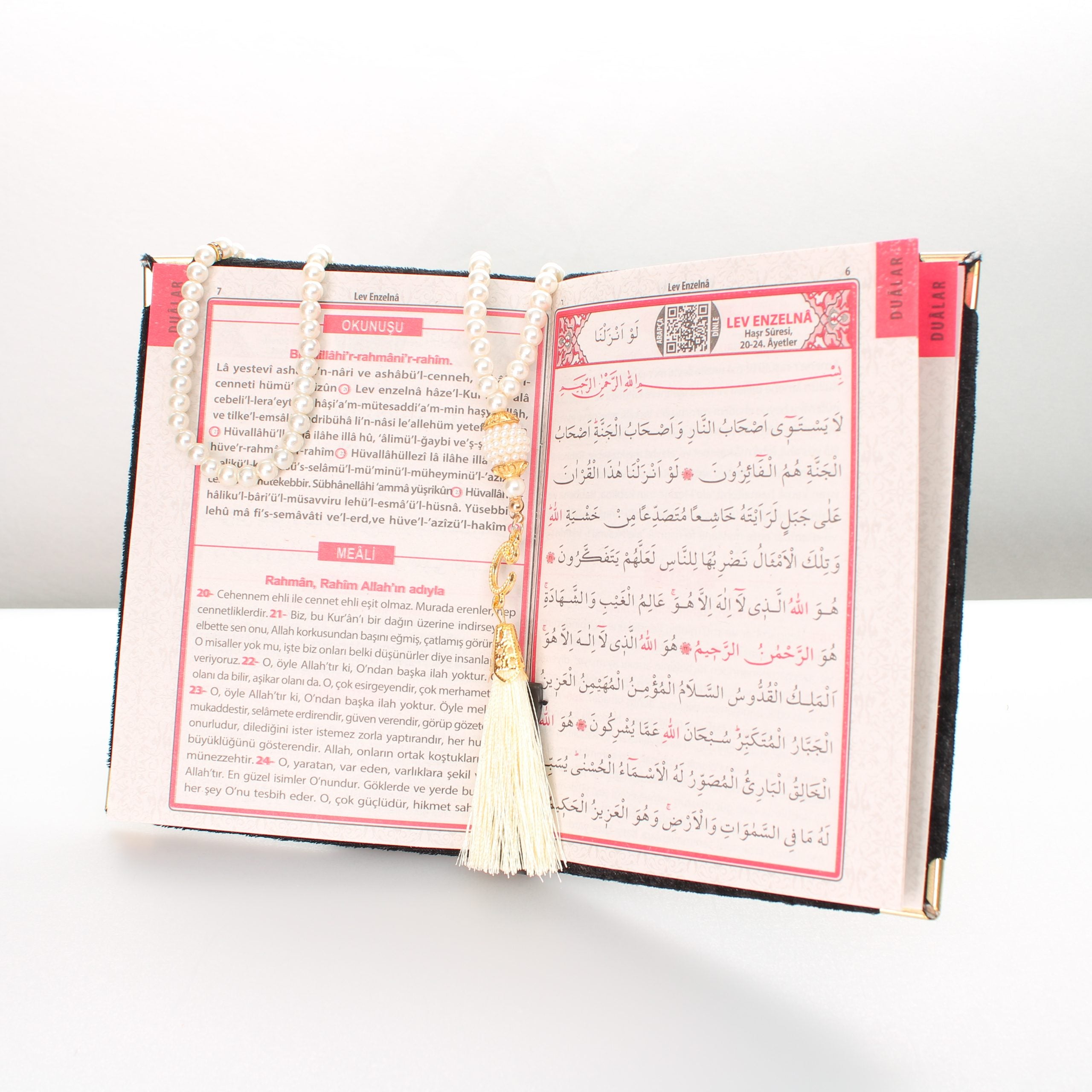 Perlen-Tasbih / Gebetskette & Koran im Organzasäckchen mit personalisierter Gravur