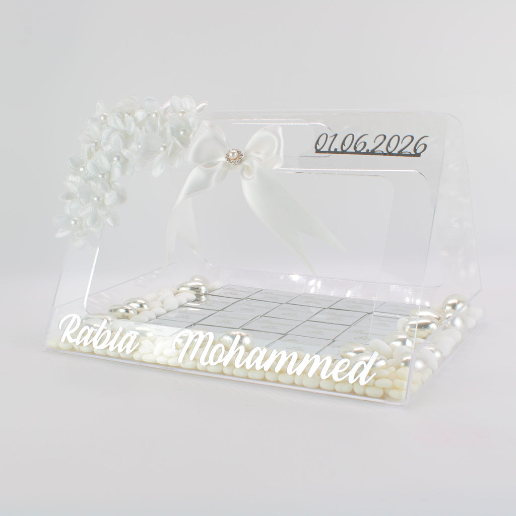 Personalisierte Schokolade | Plexi Schokoladen-Tasche mit Pralinen, Dragees & Süßigkeiten - Prächtig für Verlobung, Hochzeiten & besondere Momente