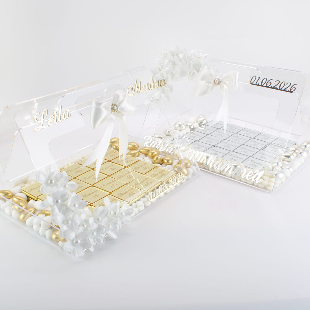 Personalisierte Schokolade | Plexi Schokoladen-Tasche mit Pralinen, Dragees & Süßigkeiten - Prächtig für Verlobung, Hochzeiten & besondere Momente