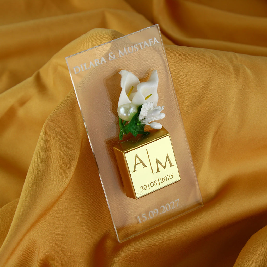 Gastgeschenk mit Dubai Schokolade, Calla-Blüte & Perlen | Graziöser Magnet für Hochzeit, Geburtstag, alle Events - Personalisierbar