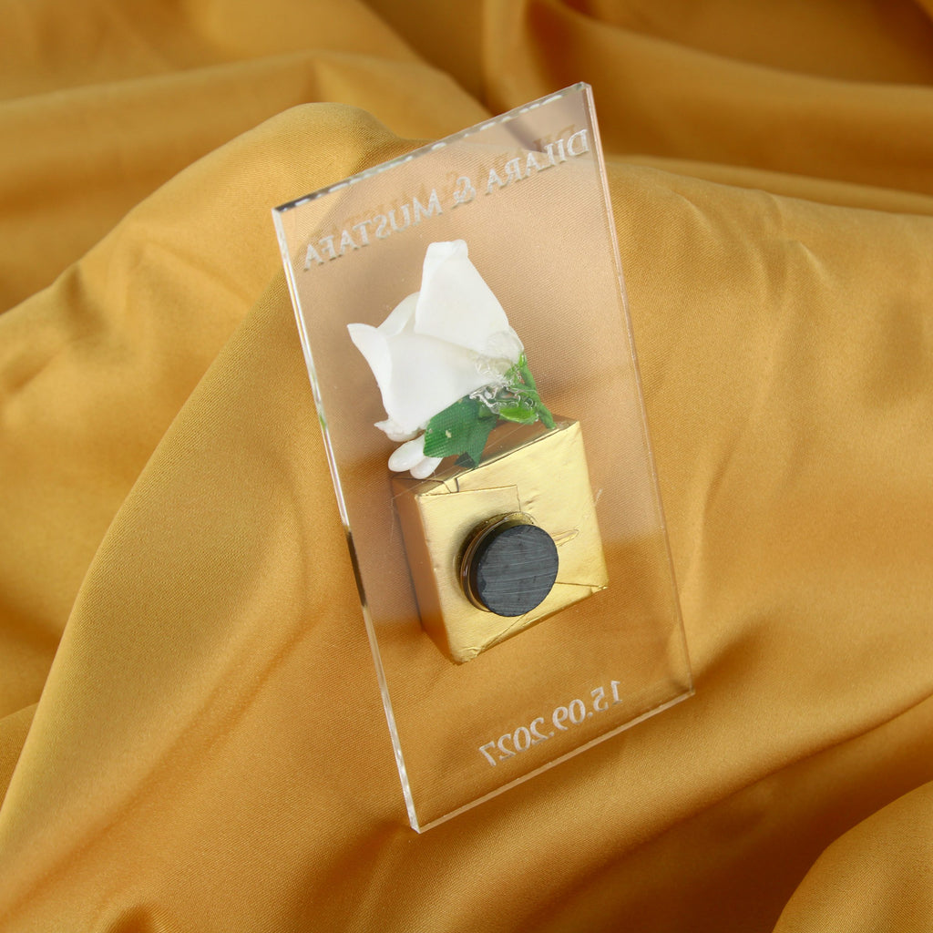 Gastgeschenk mit Dubai Schokolade, Calla-Blüte & Perlen | Graziöser Magnet für Hochzeit, Geburtstag, alle Events - Personalisierbar