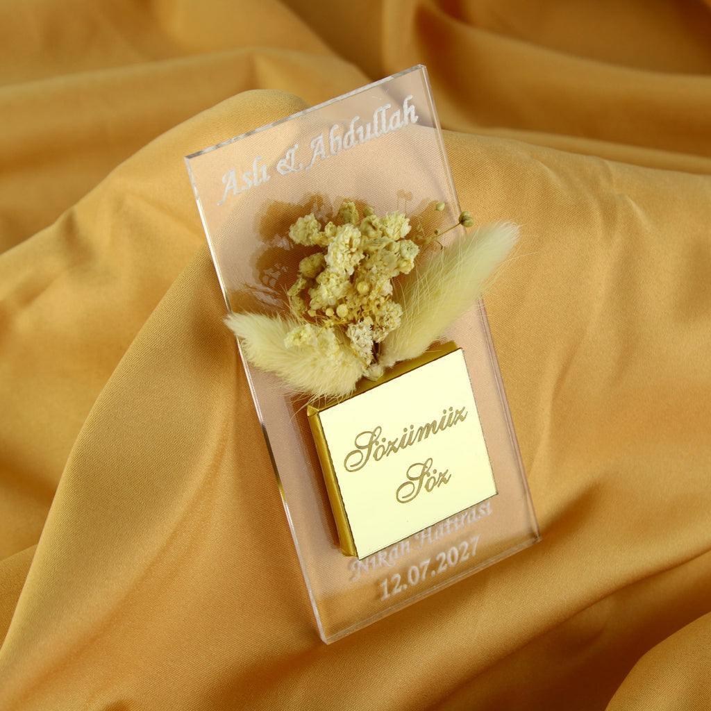 Gastgeschenk mit Schokolade & Trockenblume | Eleganter Magnet für Hochzeit, Geburtstag, alle Events - Personalisierbar