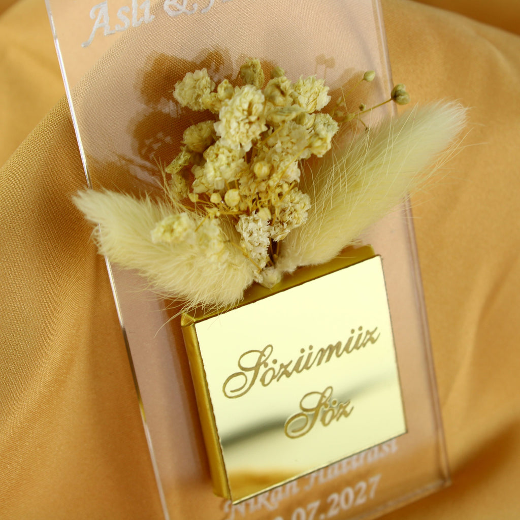 Gastgeschenk mit Schokolade & Trockenblume | Eleganter Magnet für Hochzeit, Geburtstag, alle Events - Personalisierbar