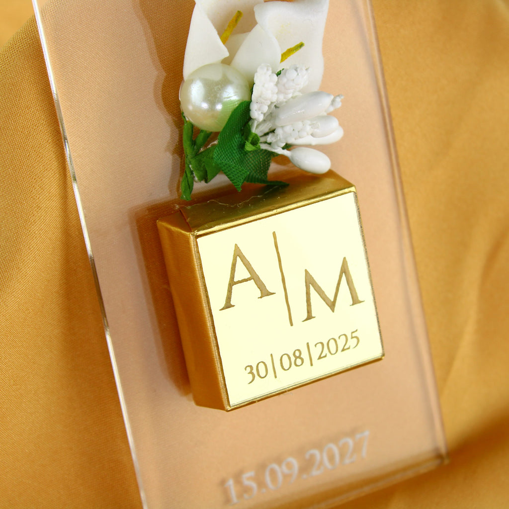 Gastgeschenk mit Dubai Schokolade, Calla-Blüte & Perlen | Graziöser Magnet für Hochzeit, Geburtstag, alle Events - Personalisierbar