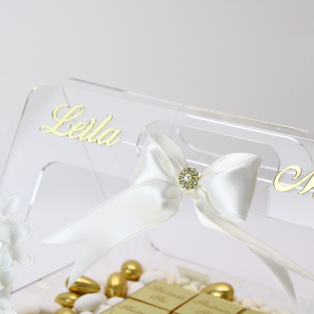 Personalisierte Schokolade | Plexi Schokoladen-Tasche mit Pralinen, Dragees & Süßigkeiten - Prächtig für Verlobung, Hochzeiten & besondere Momente