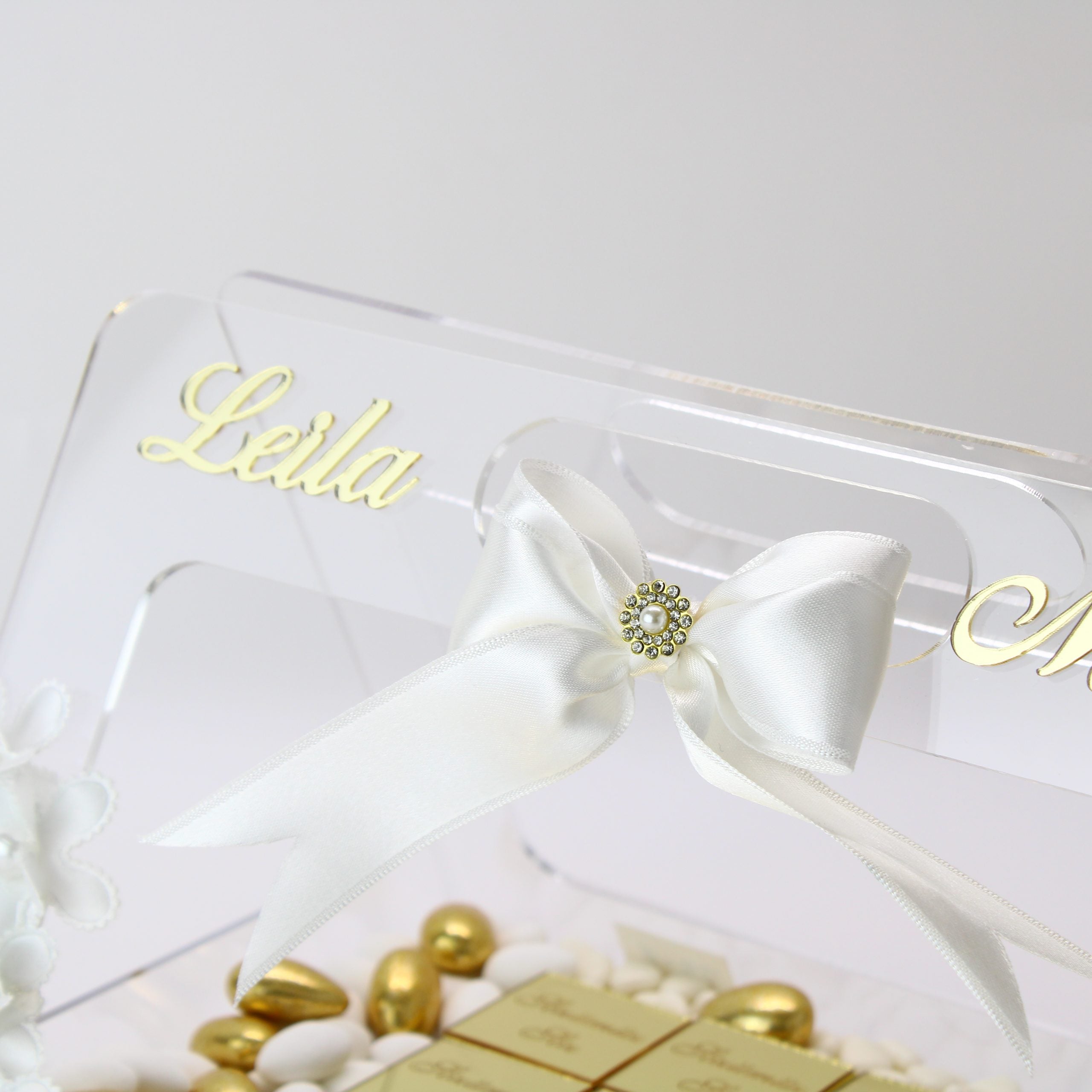Personalisierte Schokolade | Plexi Schokoladen-Tasche mit Pralinen, Dragees & Süßigkeiten - Prächtig für Verlobung, Hochzeiten & besondere Momente