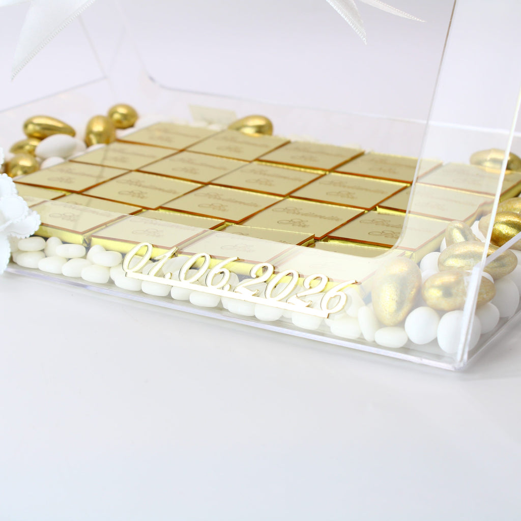 Personalisierte Schokolade | Plexi Schokoladen-Tasche mit Pralinen, Dragees & Süßigkeiten - Prächtig für Verlobung, Hochzeiten & besondere Momente