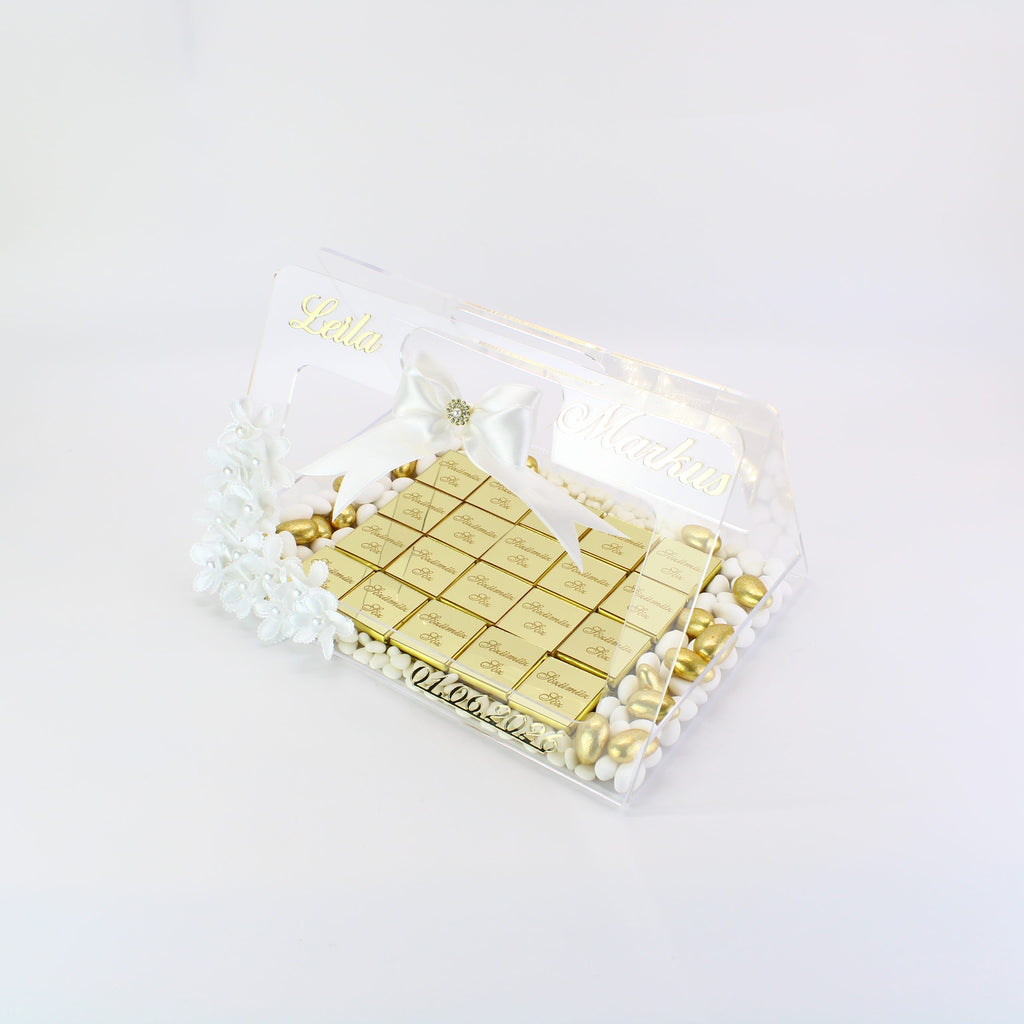 Personalisierte Schokolade | Plexi Schokoladen-Tasche mit Pralinen, Dragees & Süßigkeiten - Prächtig für Verlobung, Hochzeiten & besondere Momente