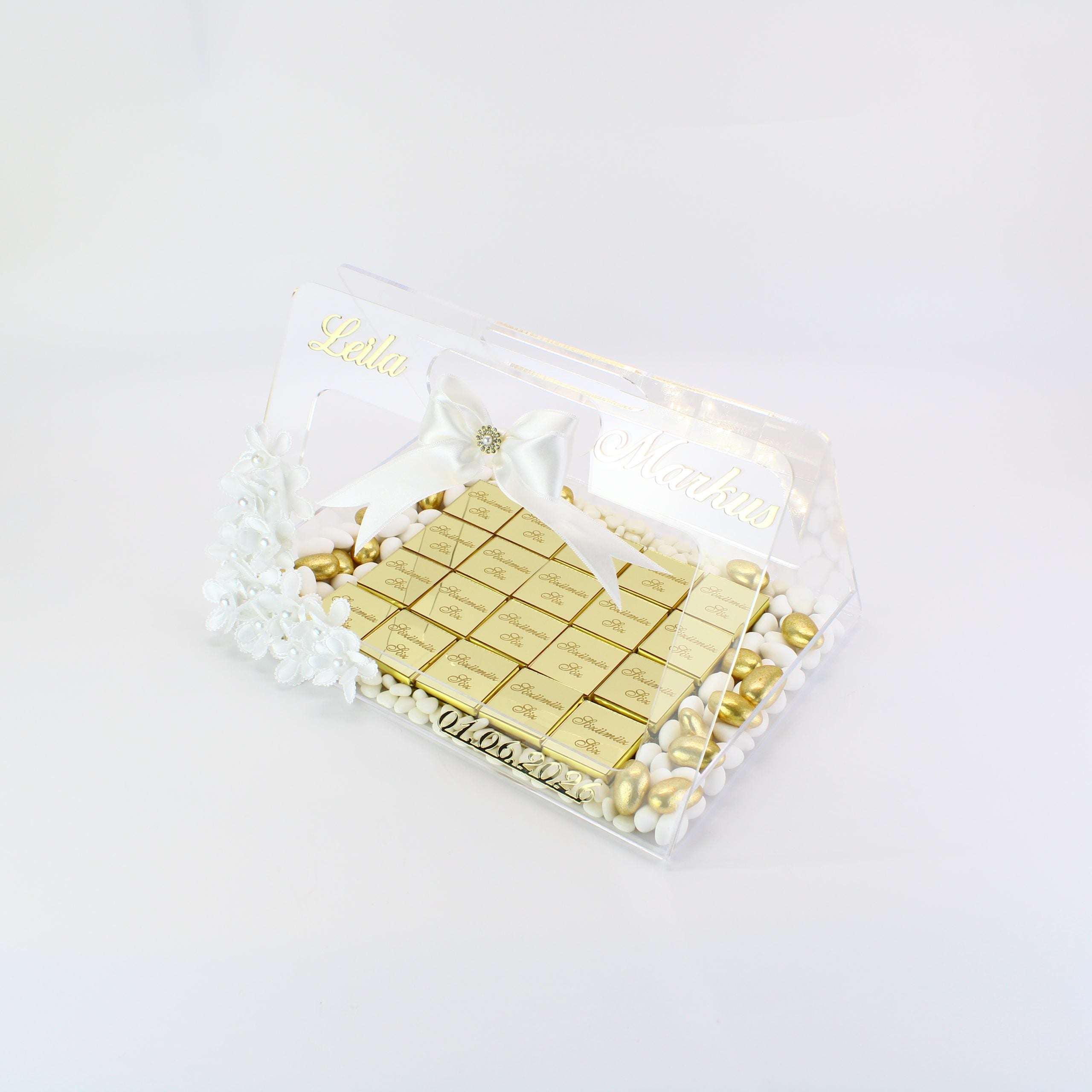 Personalisierte Schokolade | Plexi Schokoladen-Tasche mit Pralinen, Dragees & Süßigkeiten - Prächtig für Verlobung, Hochzeiten & besondere Momente