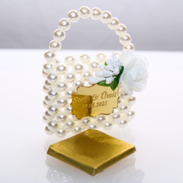 Gelin İncili Çanta - Nikah Hediyelik - Çikolata Çanta - İnci Süsleme Çikolata Çanta Kx_0302