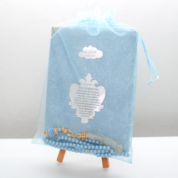 Perlen-Tasbih / Gebetskette & Koran im Organzasäckchen – Blau für Jungen, Plexiglas mit Personalisierung Perlen-Tasbih Perlen-Tasbih