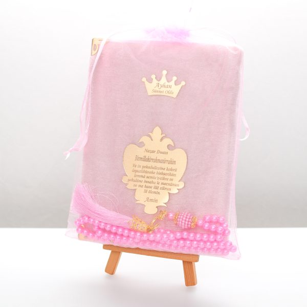 Perlen-Tasbih / Gebetskette & Koran im Organzasäckchen – Rosa für Mädchen, Plexiglas mit Personalisierung Perlen-Tasbih Perlen-Tasbih